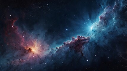 Obraz premium Exploding Colorful Space Nebula with Stars and Cosmic Light. Deep Galaxy Background with Dust Clouds, Outer Space Art for Sci-Fi and Astronomy Themes