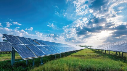 Solar Panels in a Green Field Under a Bright Sky