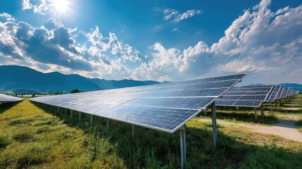 Solar Panels in a Green Field Under a Bright Sky