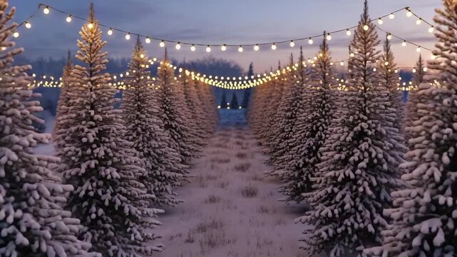 Rows of snow-covered pine trees illuminated by string lights at a Christmas tree farm during twilight