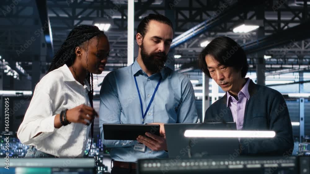 Poster happy data center coworkers monitoring neural network ai llm visualization. jolly workers in high te