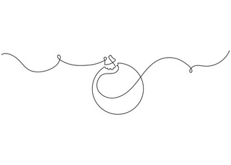 Continuous line snowman Christmas ball decoration. One line art pine tree ornament for Merry Christmas and Happy New Year greeting card. Minimal continuous line icon design.