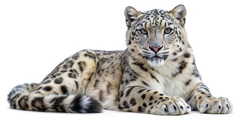 Fototapeta premium Snow leopard isolated on white background resting wildlife animal feline cat isolated on white background