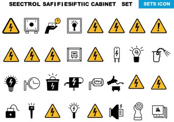 A detailed set of safety icons related to electrical hazards, industrial machinery, and personal protective equipment, in both color and outline versions, for technical and safety documentation.