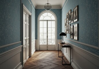 A sophisticated and elegant hallway featuring light blue patterned wallpaper, white wainscoting, a console table with a lamp, and a gallery wall, leading to a grand arched window.