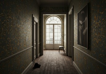 A charming vintage hallway with patterned wallpaper and antique furniture, illuminated by warm sunlight streaming through an arched window, creating a nostalgic and inviting atmosphere.