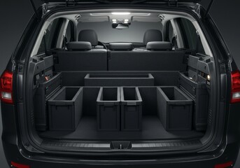 The open trunk of a versatile SUV or wagon, showcasing a fully utilized, modular storage system with multiple black bins and compartments, optimizing space and organization.