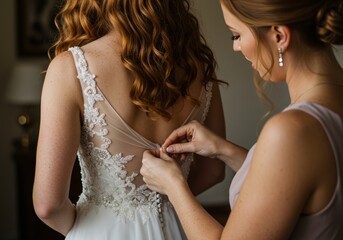 A bridesmaid's hands delicately fasten the buttons on the lace back of a wedding dress worn by a bride with red hair, capturing an intimate moment of preparation.