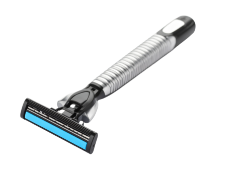 A modern shaving razor with a silver handle, isolated on a white background, for personal grooming.