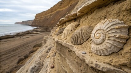 Fossil shell fragments layered in sedimentary rock, exposed by coastal erosion