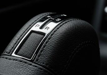  Close-up of a car's automatic transmission gear selector, showing the "P, R, N, D, S" markings on a polished chrome plate set against textured black leather with visible stitching.