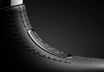Extreme close-up of a car's interior, highlighting the luxurious texture of black leather with intricate stitching and sleek chrome accents, emphasizing automotive craftsmanship.