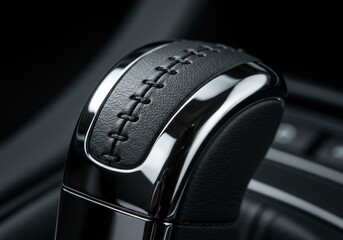 Close-up of a modern car's automatic gear shift lever, featuring a sleek design with polished chrome and textured black leather stitching, highlighting interior luxury.