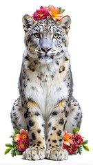 Naklejka premium Snow leopard with flower crown portrait cute animal wildlife nature photography isolated on white background
