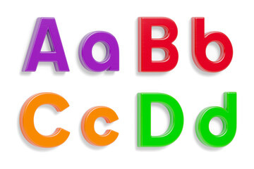 Colorful Angled Uppercase and Lowercase Magnetic Plastic Letters A through D With Drop Shadow on a Transparent Background. Transparent PNG.