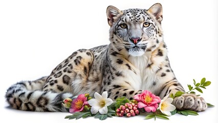 Fototapeta premium Snow leopard portrait with flowers, rare wildlife animal, beautiful feline art isolated on white background
