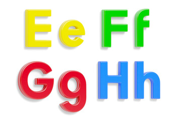 Colorful Angled Uppercase and Lowercase Magnetic Plastic Letters E through H With Drop Shadow on a Transparent Background. Transparent PNG.