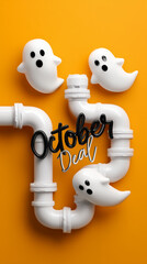 Obraz premium White ghost decorations and PVC pipes on a bright orange background with 