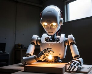 Robot creates intricate designs in a workshop using advanced technology and creativity during the afternoon