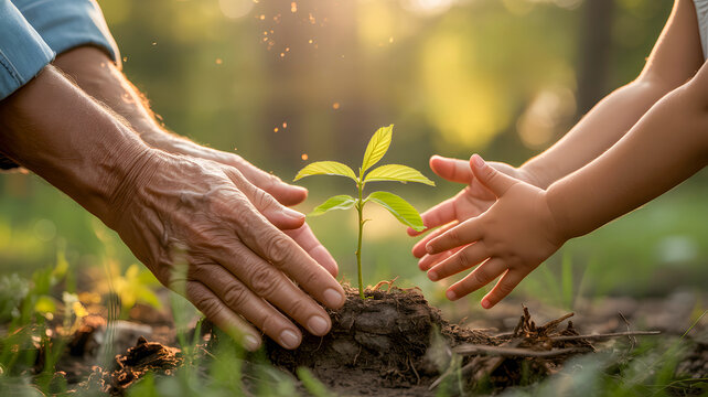 Grandparent and child planting a seedling together symbolizing growth and future hope - Powered by Adobe