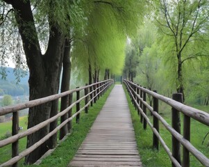 Scenic wooden walkway surrounded by lush greenery in a tranquil park setting during daytime