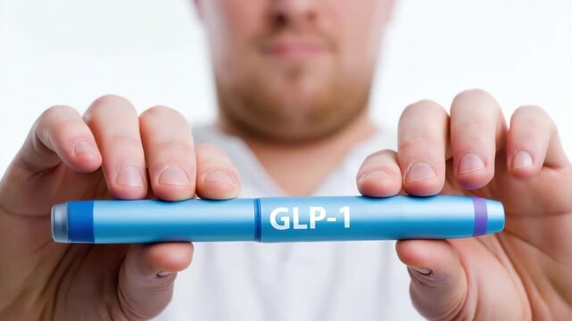 GLP-1 injection, semaglutide injection, weight loss medication, metabolic treatment, man holding injector, obesity therapy, diabetes control, modern pharmaceutical, hormone regulation, medical device