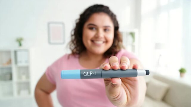 GLP-1 injection pen, semaglutide treatment, weight loss support, obesity medication, happy woman holding injector, hormone therapy, metabolic health, diabetes drug, modern medicine