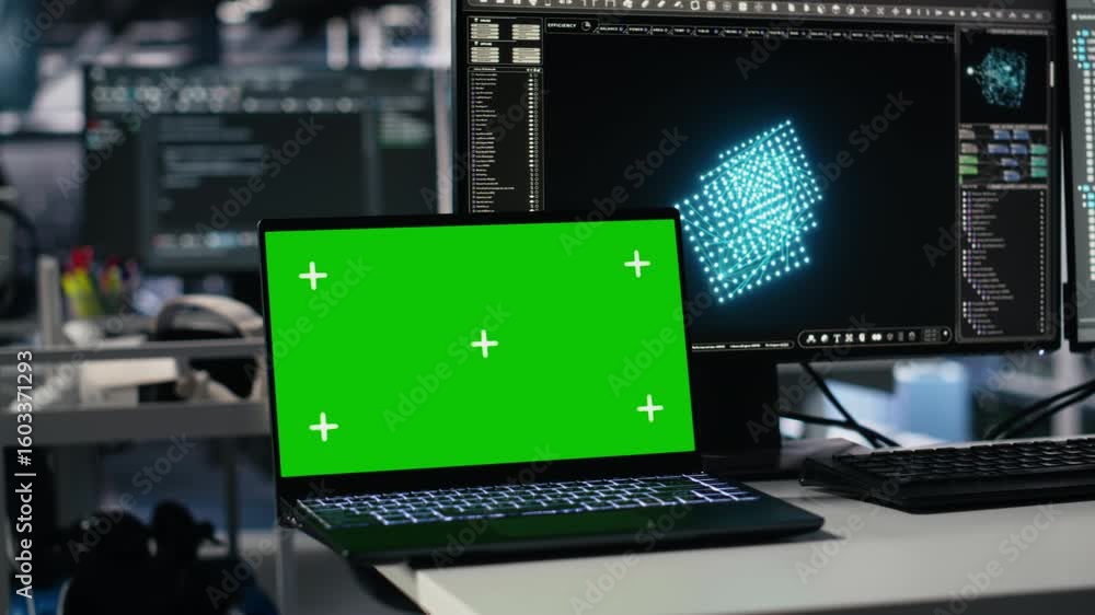 Poster close up of isolated screen laptop in data center used by programmer managing ai systems for uptime 