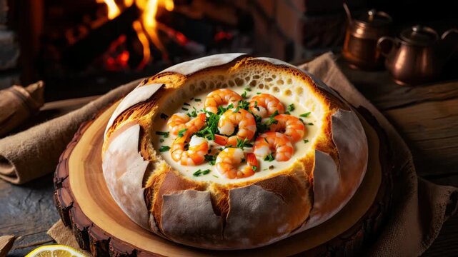 Shrimp chowder in bread bowl, rustic seafood dish, cozy fireplace meal, farmhouse kitchen vibe, hearty comfort food, slow cooking aesthetic, countryside dining