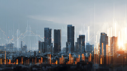 The image shows a city skyline with financial graphs and market indicators overlaid, representing real estate development and investing in a digital world.