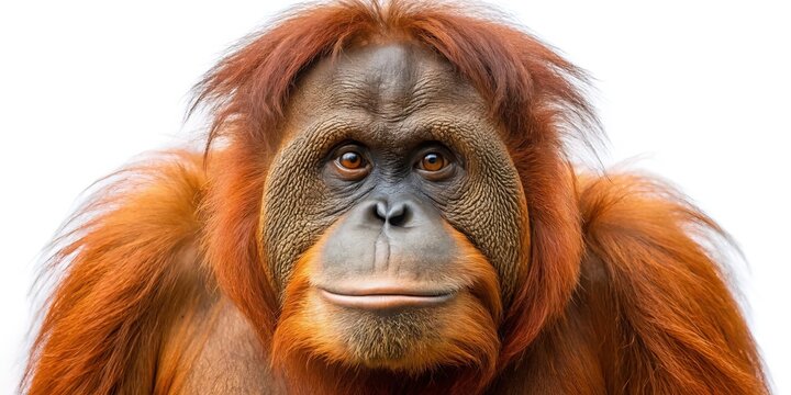 Orangutan face close up portrait wildlife animal primate ape mammal zoo nature isolated on white background