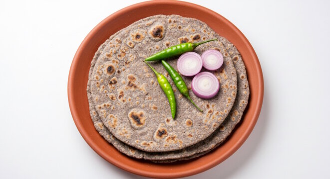 traditional Indian Gujarati food roasted flat bread bajra roti or bhakri with onion slice and chili pepper, jawar roti on earthen clay tawa pan, white background 