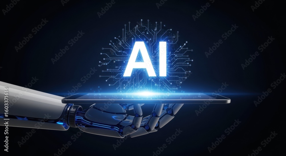 Poster hightech robotic hand showcasing a glowing ai sign on a tablet against dark backdrop emphasizing sma