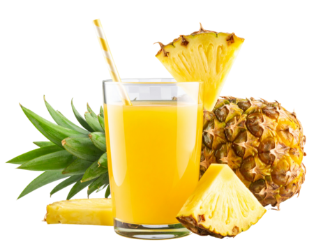 Single glass of pineapple juice with a striped straw, surrounded by a whole pineapple and slices