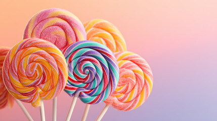 Brightly colored lollipop candy displayed on a soft pastel backdrop