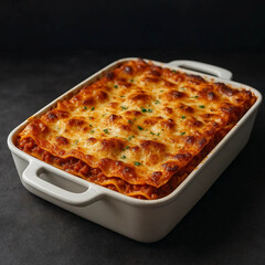 Golden Baked Lasagna in White Dish, Dark Background, Italian Cuisine