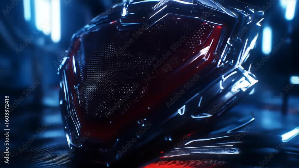 Poster abstract futuristic glowing shield with red core and neon edges on reflective textured surface. cybe