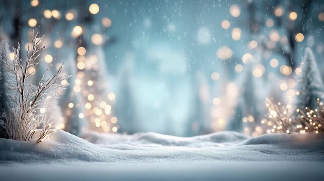 Loopable dreamy winter forest with soft snow, glowing fairy lights, and frosted trees in blue bokeh background, ideal for Christmas videos and festive overlays