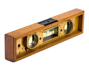 An old wooden antique level tool, isolated on a white background, for construction and traditional craftsmanship.