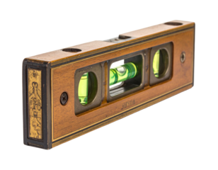 An old wooden antique level tool, isolated on a white background, for construction and traditional craftsmanship.