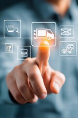 A person in a blue shirt interacts with a touchscreen, selecting delivery options. The display shows various icons related to delivery services and logistics