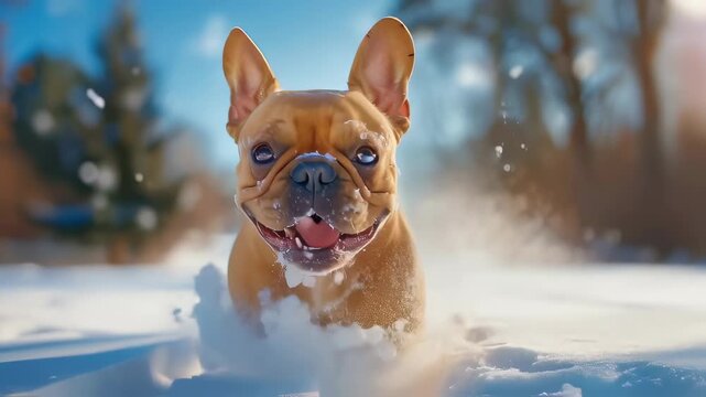 French bulldog running through snowy landscape with playful expression, snow flying around, winter trees in background. Panning camera motion, close-up shot.