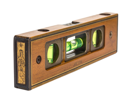 An old wooden antique level tool, isolated on a white background, for construction and traditional craftsmanship.