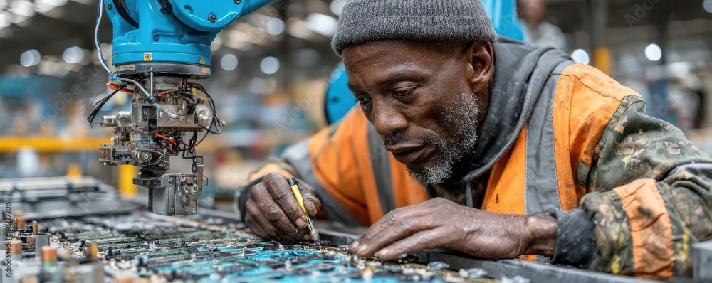 Poster skilled technician working with precision tools in an automated factory setting