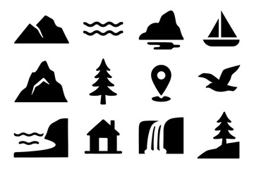 Adventure nature icons: mountains, trees, waterfalls, and more in bold silhouette style