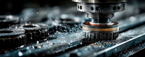 Close-up of industrial CNC machine tool on metallic gears in operation