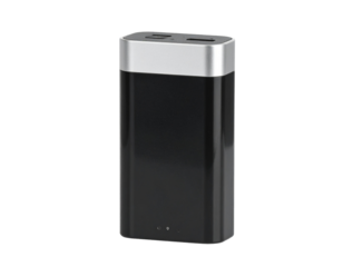 A sleek black portable charger (power bank), isolated on a white background, for mobile technology.