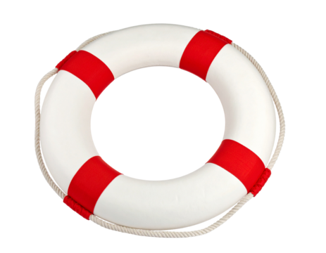 A life buoy, symbolizing security at sea, isolated on a white background, for coastal themes.