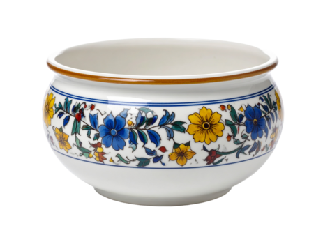 A patterned ceramic flower pot, empty and ready for planting, isolated on a white background.