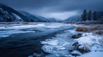 Fototapeta premium Frozen River Landscape: A serene and evocative shot of a frozen river winding its way through a valley of majestic mountains under a muted, winter sky. The frigid water is partially iced over.
